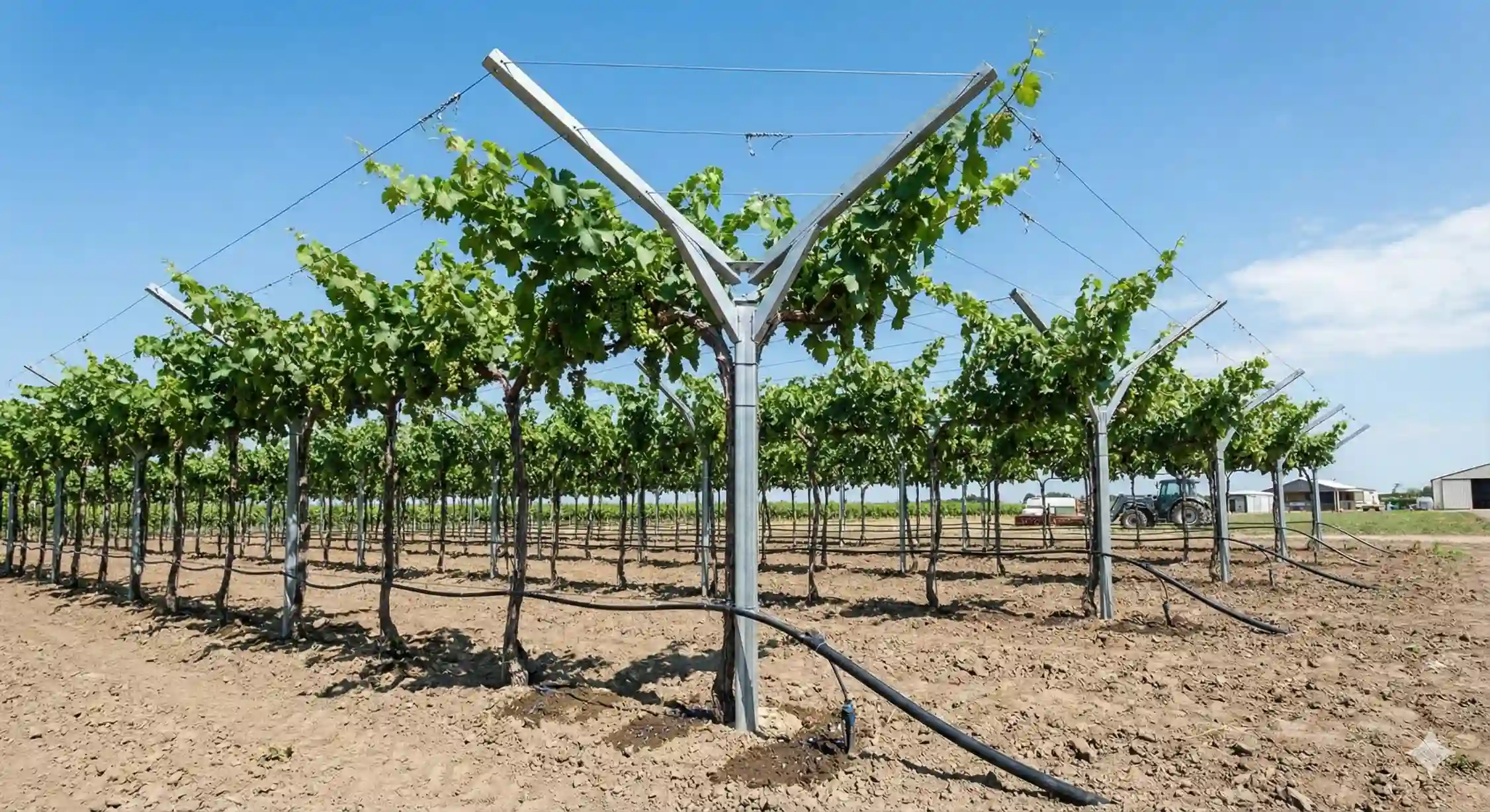 سیستم آبیاری قطره ای و کاشت داربستی در باغ انگور بیدانه.